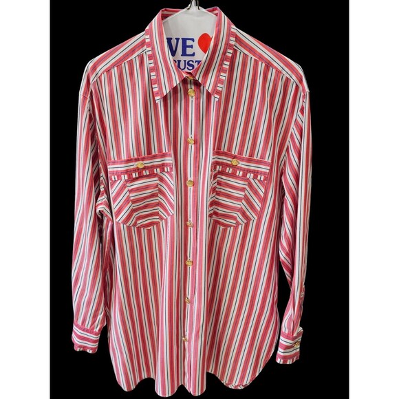 Vintage 90s Escada Sport Shirt Womens M Striped Gold Logo Buttons Pockets Blouse - Picture 8 of 13
